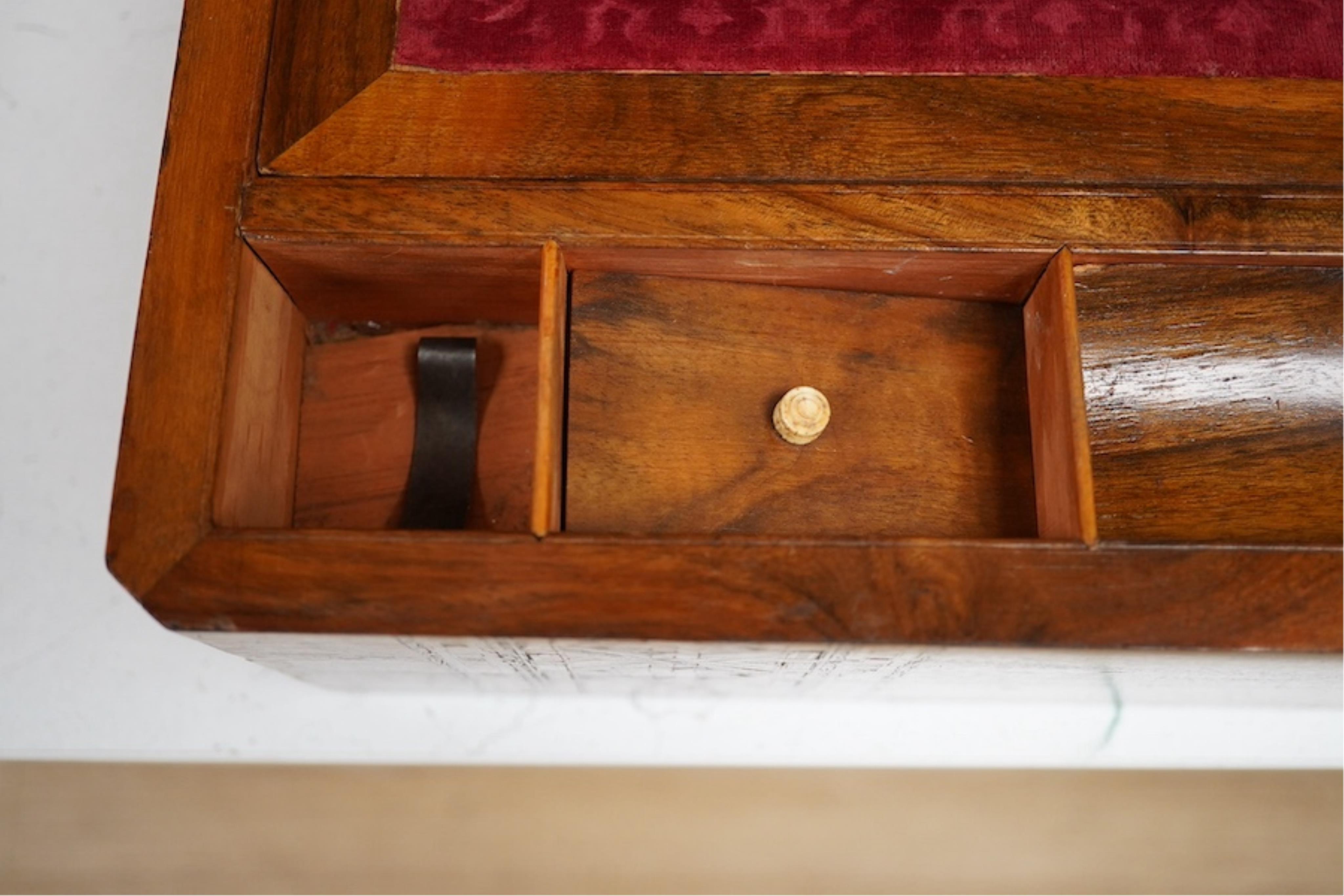 A Victorian inlaid walnut writing slope, 45cm wide x 26cm deep. Condition - brass plaque missing